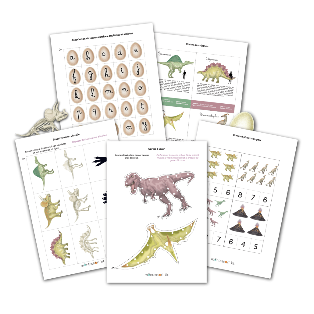 contenu d'un montessori kit maison sur le thème des Dinosaures à imprimer